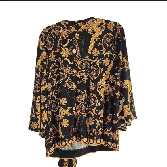 Boston  Proper Black Gold V Neck Faux Wrap Bell Sleeve Top Size XL - Picture 4 of 12